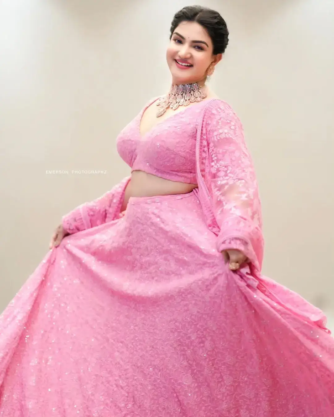 Beautiful Indian Actress Honey Rose in Pink Lehenga Choli